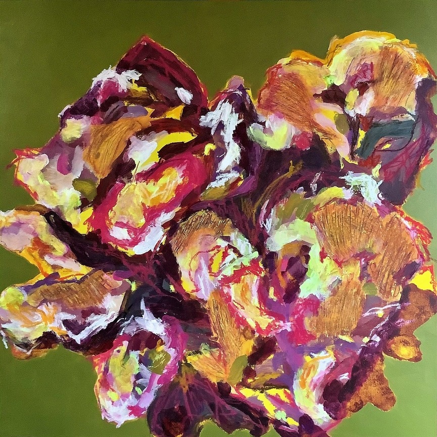 Abstract painting of a flower with yellow and purple