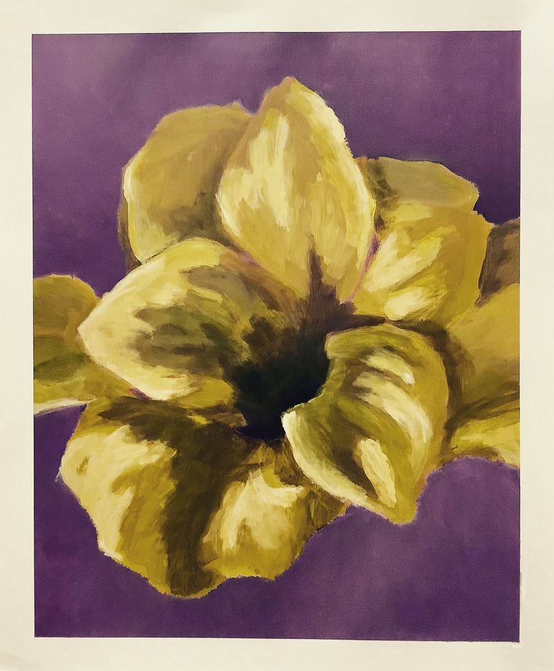 Painting of huge yellow flower against purple background