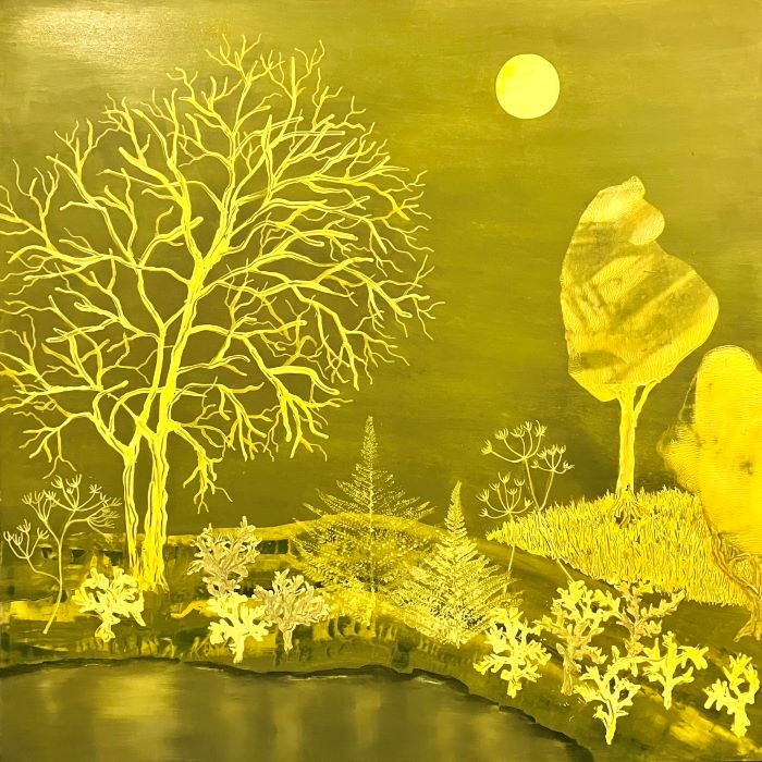 Yellow landscape with trees and pond