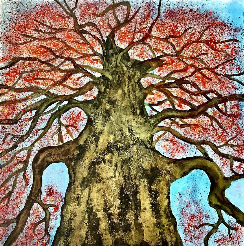 Painting of large tree seen from the ground