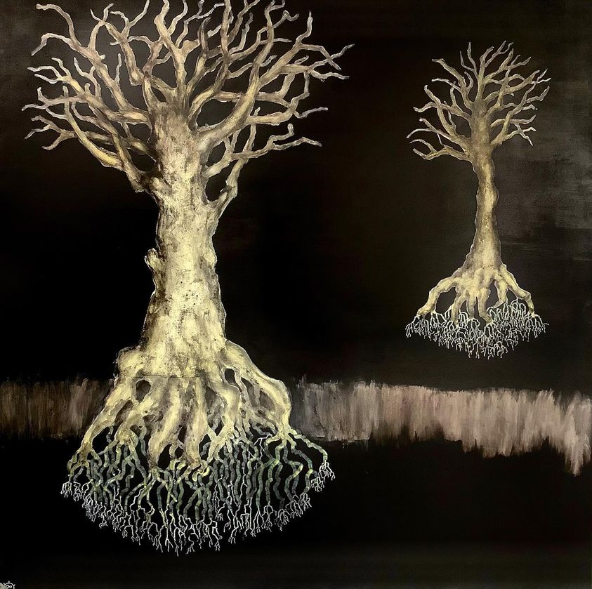 Painting of 2 floating uprooted trees in the dark