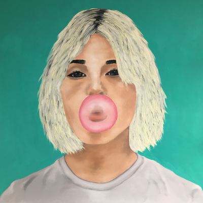 Painting of girl blowing bubblegum