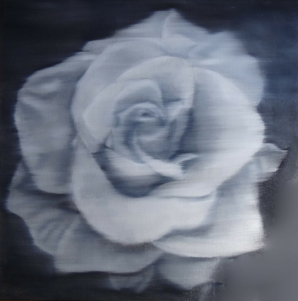 Black&white oil painting of a rose in close up