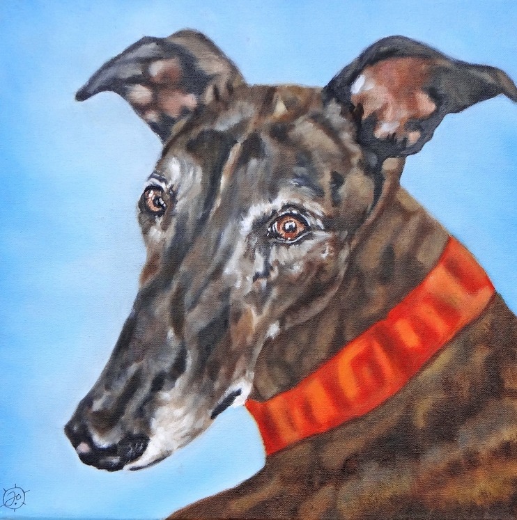 Oil Painting of Black&Brown Galgo dog