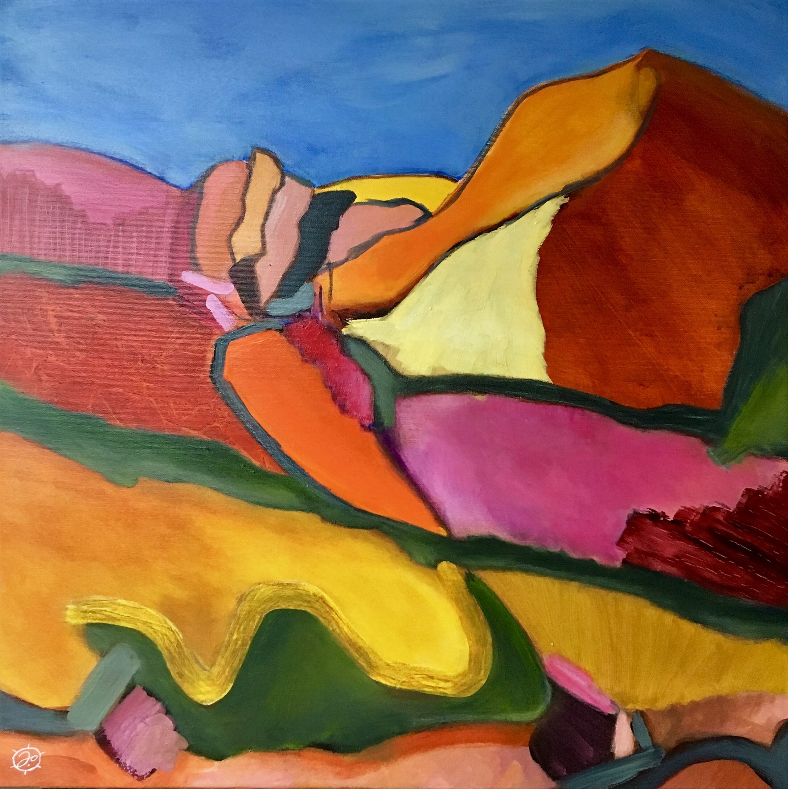 Abstract painting of rocks and hills in spice colors