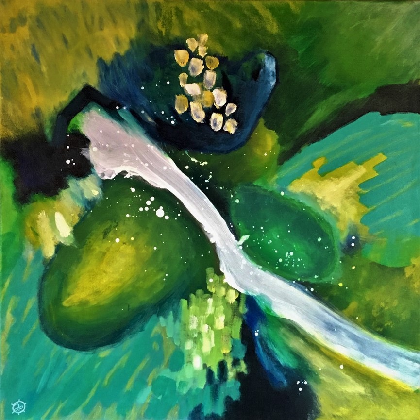 Abstract painting in greens and blues dynamic water