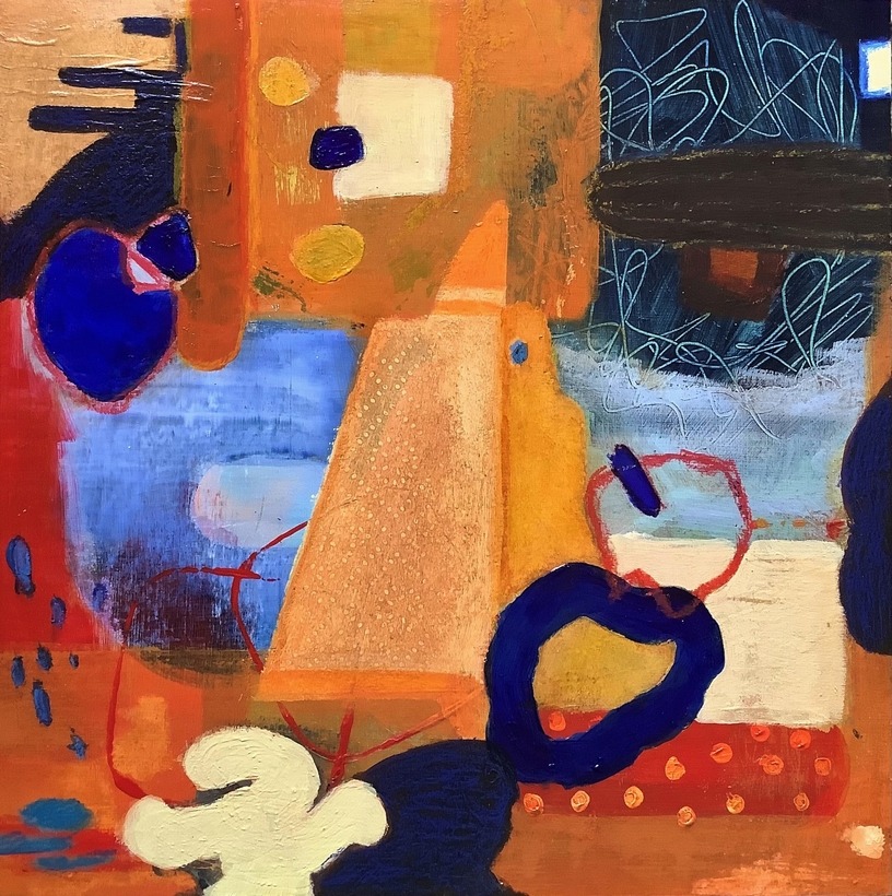 Abstract painting of orange and blue shapes