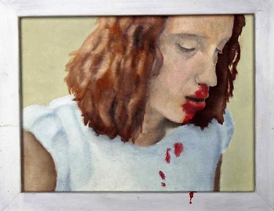 Oil painting of girl with nosebleed blood on white dress and on frame