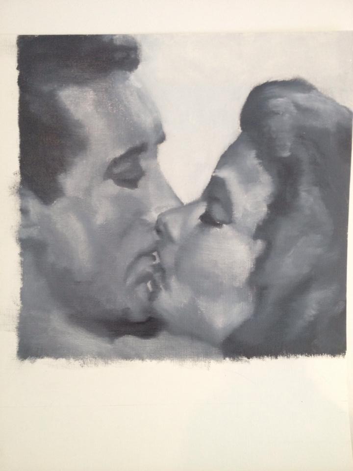 Black&white oil painting of man and woman kissing