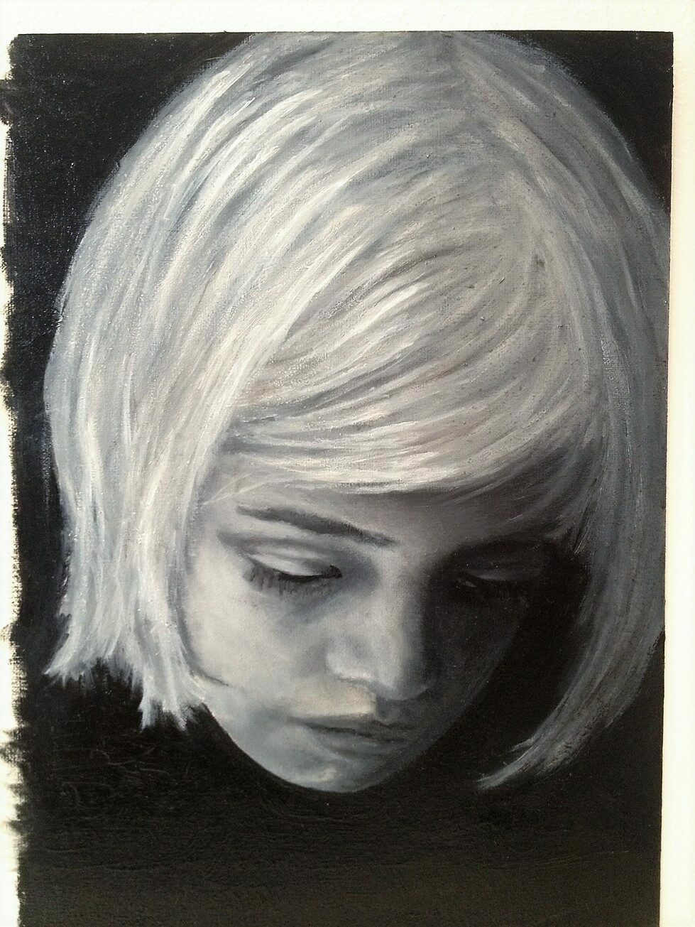 Black&White painting of girl with blond hair looking down