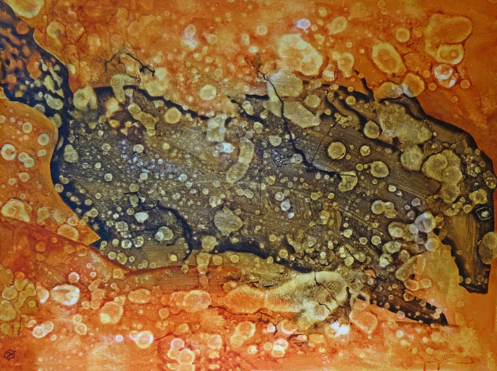 Abstract painting of wild mustang running through splashing water