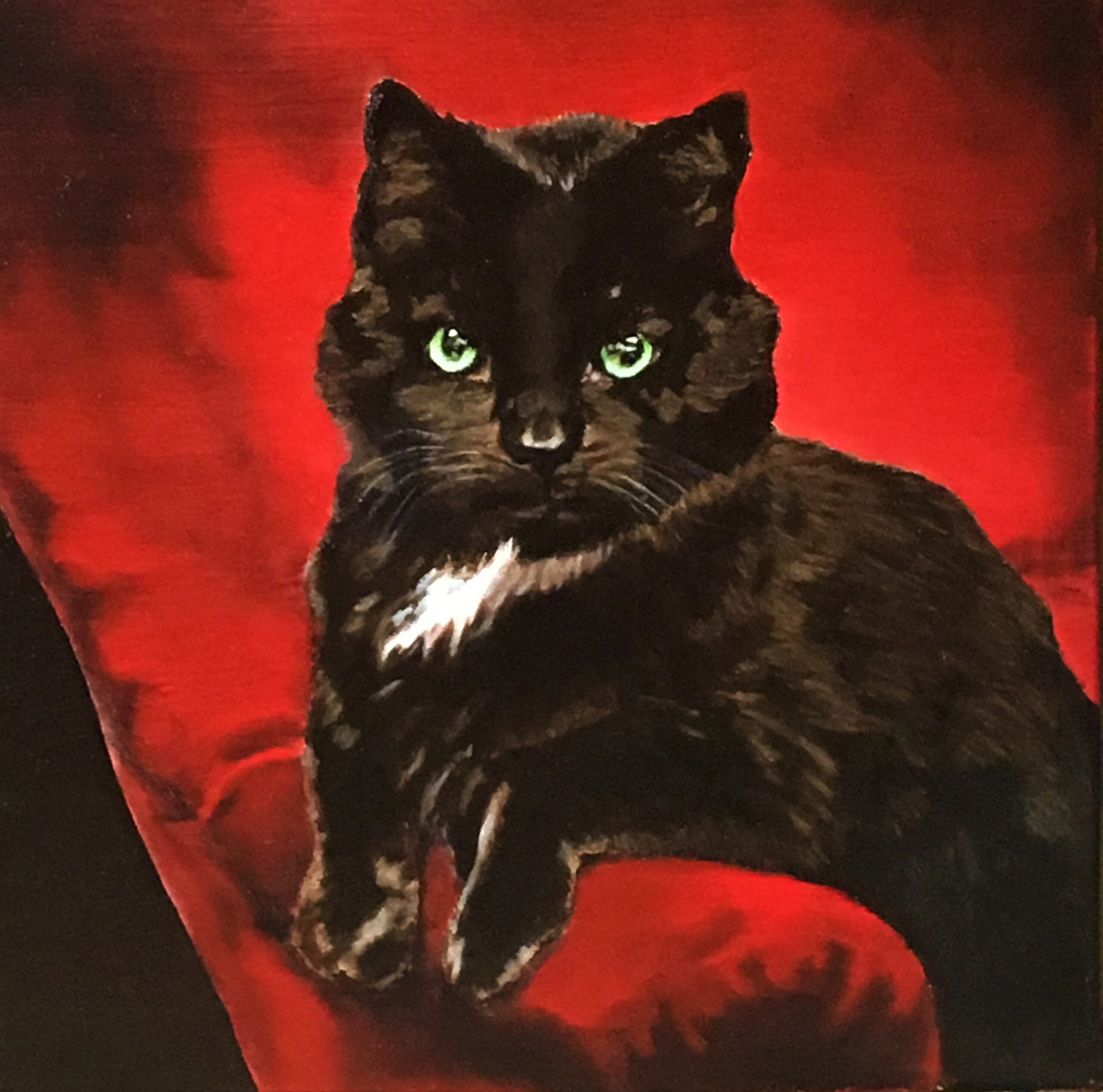 Painting of black male cat on red sofa