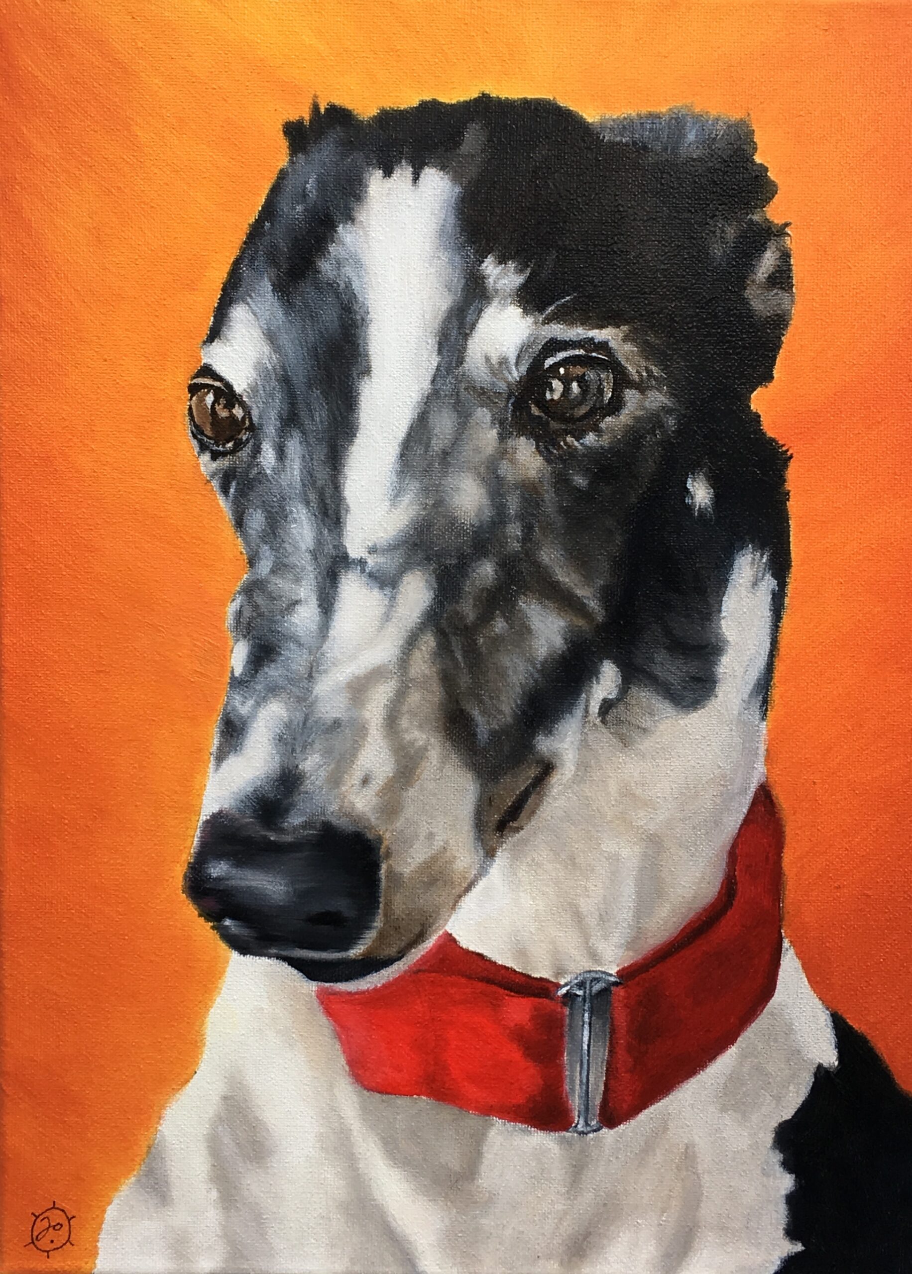 Painting of greyhound black white male