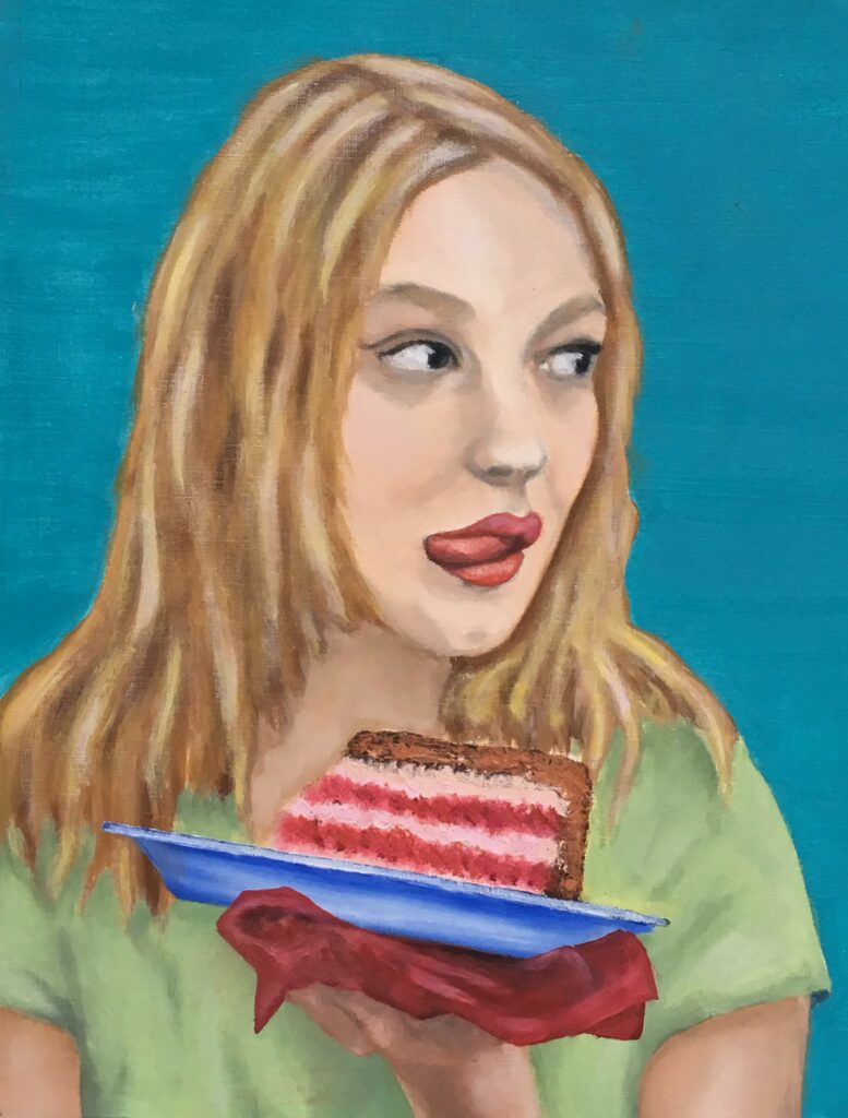 Painting of woman with cake licking her lips