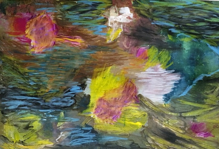 Abstract painting of water and waterlilies