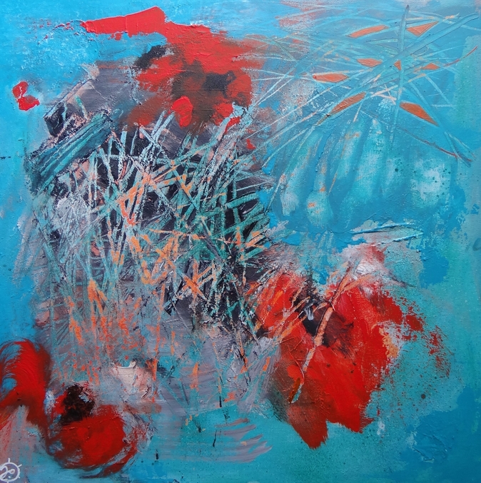 Abstract painting of poppies on blue background