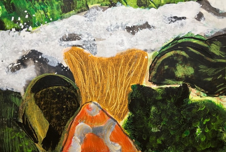 Abstract acryl painting of wild river and green and orange plants
