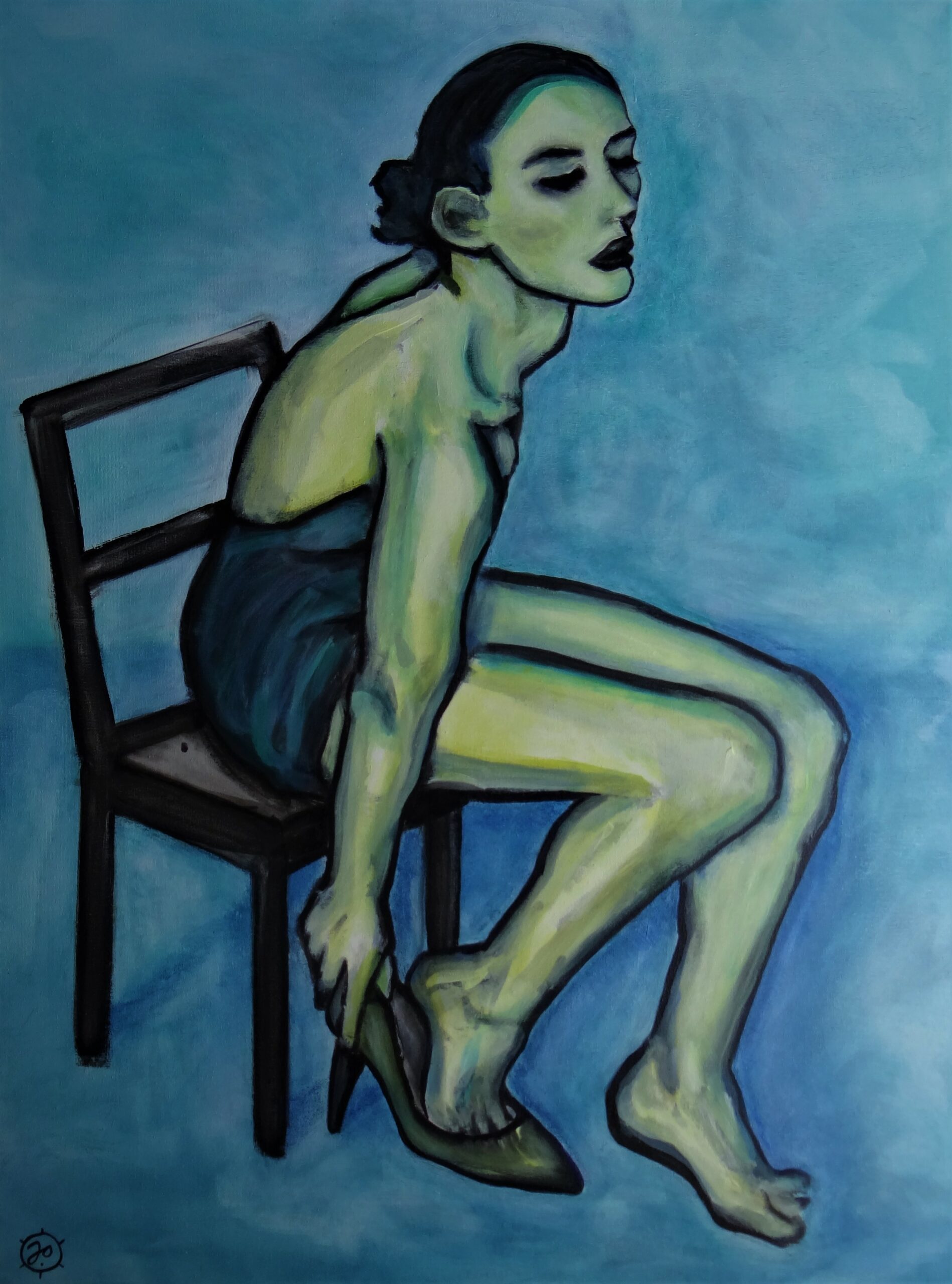 Painting of woman on chair taking off her high heeled shoe blue background