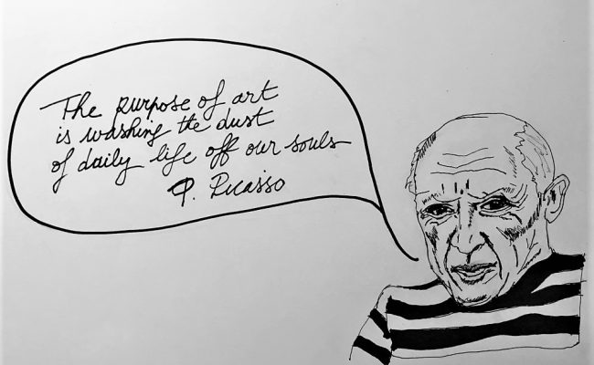 Drawing of Picasso with text balloon